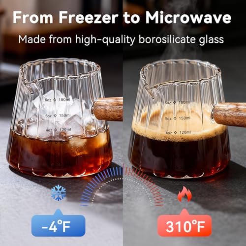 Glass Measuring Cup 6OZ, Espresso Accessories, Expresso Shots Cup, Espresso Shot Glass with V-Shaped Mouth, Ribbed Milk Frothing Pitcher, coffee Espresso Cup(Wooden Handle) - Image 5