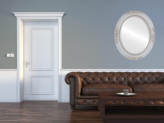OVALCREST Oval Beveled Wall Mirror for Home Decor - Versailles Style - Antique White - 24x28 Outside Dimensions