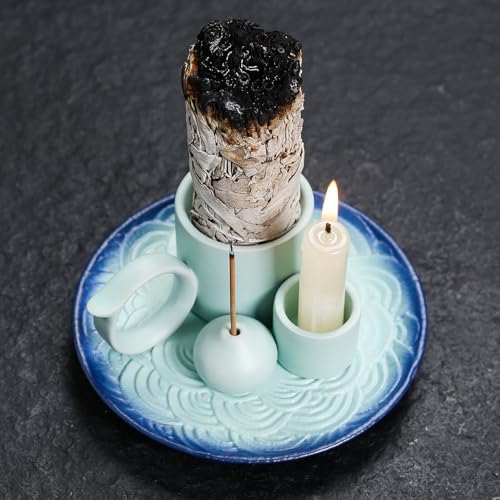 4 in 1 Ceramic Incense Burner Holder with Handle for Burning Sage, Palo Santo Stick, Joss Sticks, Candle in Your New House, Office, Yoga, Meditation Room (Sky Blue) - Image 3