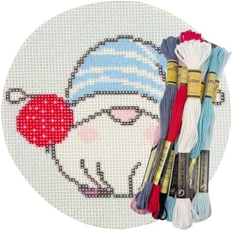 Howie's Needlepoint Needlepoint Kits, 18CT Printed Embroidery Pattern Starter Kits, Stamped Patterns Canvas Kits(Gnome with Blue Striped Nightcap,4x4inch) by HowiesNeedlepoint