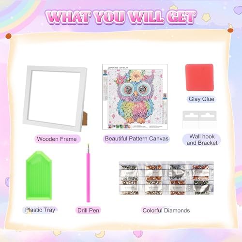 GHHKUD Owl Diamond Art Painting Kits for Adults with Frame, Diamond Art Animals Crafts for Ages 4-6-8-12, Easy to DIY Gem Painting Gifts Home Wall Deco 15x15cm (Beautiful Packages) - Image 7