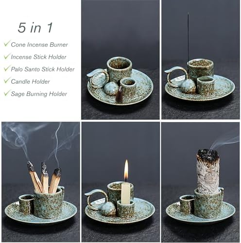 4 in 1 Ceramic Incense Burner Holder with Handle for Burning Sage, Palo Santo Stick, Joss Sticks, Candle in Your New House, Office, Yoga, Meditation Room (Speckled Blue) - Image 3