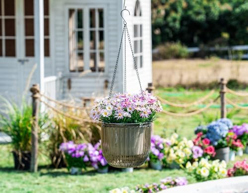 Melphoe 2 Pack Self Watering Hanging Planters Indoor Flower Pots, 8.3 Inch Outdoor Hanging Basket, Plant Hanger with 3Hooks Drainage Holes for Garden Home (Gray) - Image 2