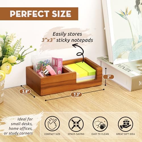 Demigo Acacia Wood Sticky Note Holder, 3x3 in Note Organizer, 2-Compartment - Image 2