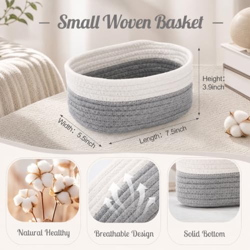 10 Pack Small Woven Baskets, Cotton Rope, White, Light Gray - Image 2