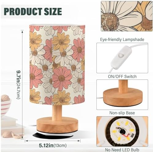 Fustylead Hand Drawn Vintage Groovy Daisy Flowers Bedside Table Lamps with USB Port for Bedroom Lamp Table Lamp Small Nightstand Lamp Sturdy Linen Shade Decorative Lamps for Kids Room Home Reading - Image 4