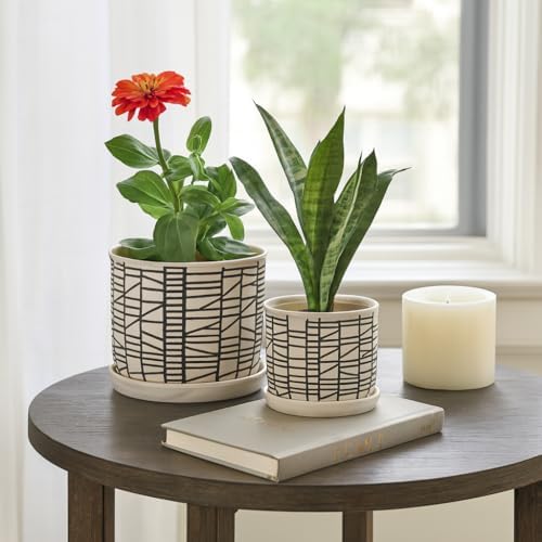 Set of 2 Geometric Decorative Ceramic Planter Pots with Saucer – Stoneware Outdoor & Indoor Plant Pots with Drainage – Modern Garden & Home Decor Ceramic Planters – 6" & 8", Ivory - Image 2