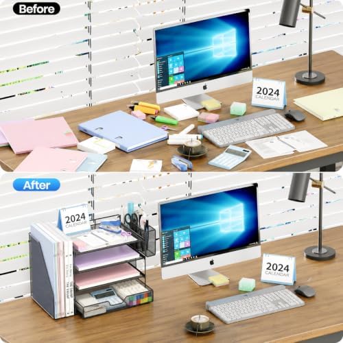 OPNICE Desk Organizers and Accessories, 4-Tier Desktop File Organizer with Drawer and Pen Holders, Office Desk Accessories Workspace Organizers for Office Supplies (Soft Black) - Image 3