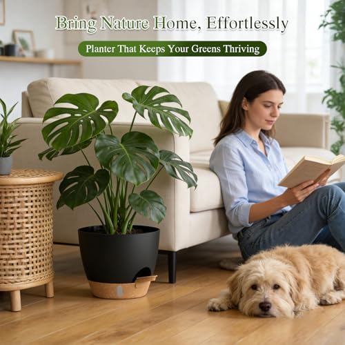 Plant Pots, 1 Pack 12 Inch Self Watering Pots with Drainage Holes, Water Level Indicator Deep Reservoir, Large Planters for Indoor Outdoor Plants - Black Brown - Image 5