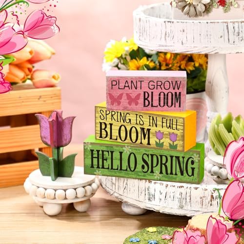 Moucuny 4 Pcs Spring Wood Block Signs Tiered Tray Decor Farmhouse Table - Image 2