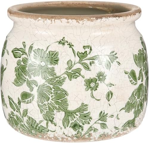 Vintage Planter Large Ceramic Plants Pot Beige Green Floral Pot by Unknown