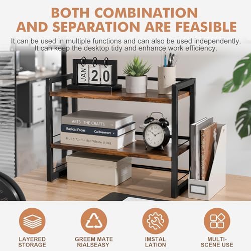 Wooden Desk Shelf Organizer - 2 Tier Desktop Bookshelf Storage Rack, Brown - Image 5