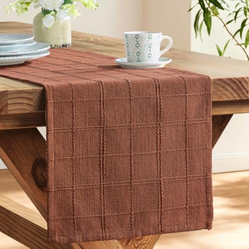 ZeeMart Linen Checked Farmhouse Table Runner, 13x108 Inches Terracota - Image 4