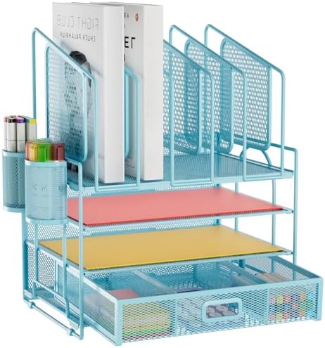 Marbrasse Desk Organizers, 4-Tier Mesh Desk File Organizer with 5 Vertical File Holders and 2 Pen Holders, Multifunction Desktop Organizer,Desk Organizers and Accessories for Home Office (Blue) by Marbrasse