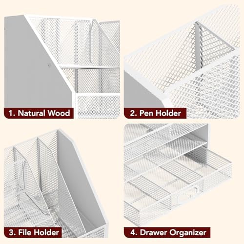 Homsorout Wooden Desk Organizer - Mesh File Organizer with Drawers and Pen Holder - 4-Tier Vertical Paper Letter Storage Tray, Desktop Organizers and Accessories for Home Office （White - Image 5