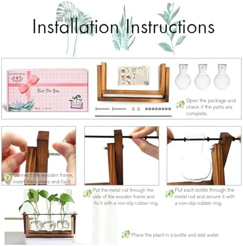 XXXFLOWER Plant Terrarium with Wooden Stand, Air Planter Bulb Glass Vase Metal Swivel Holder Retro Tabletop for Hydroponics Home Garden Office Decoration - 3 Bulb Vase - Image 6