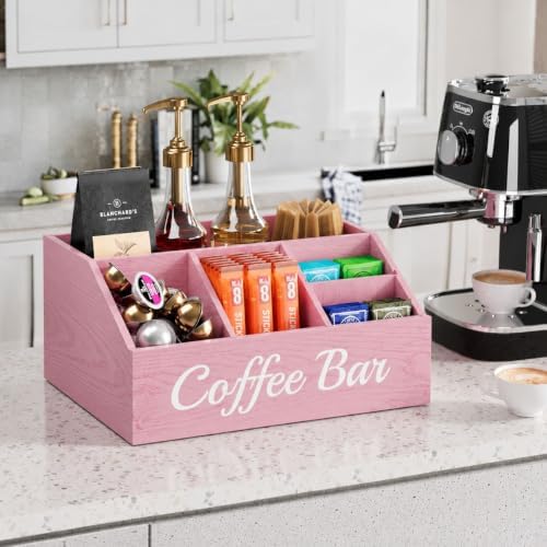 Coffee Station Organizer for Countertop – Wooden Coffee Bar Organizer with Adjustable Dividers,Holds K Cup Pod & syrup bottles, for Kitchen, Office, or Bar and Tea Station, Pink - Image 3