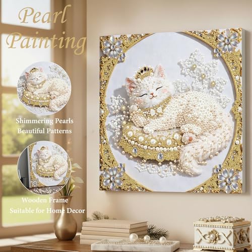 DIY Pearl Art Painting with Frame Creative Pattern Design Festival Stress-Relieving Home Wall Decoration 9.8X9.8in Tool Included-Cat - Image 2