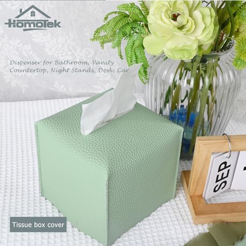 HOMOTEK 2 Pack Tissue Box Cover, Square PU Leather Tissue Holder, Decorative Facial Tissue Cube Paper Organizer Dispenser for Bathroom, Night Stands, Desk, Car 5X5X5'' - Mint Green, Pebble Grain - Image 4