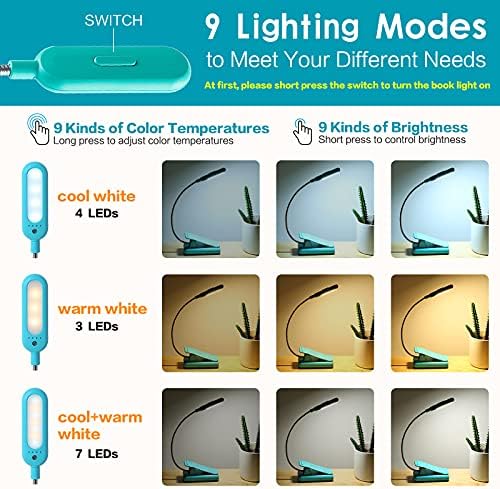 VAVOFO Clip On Rechargeable Reading Light, 7 LEDs with 3 Colortemperature 9 Brightness Levels Book Lights for Reading in Bed with Power Indicator for Bookworms (Blue 2-Pack) - Image 2