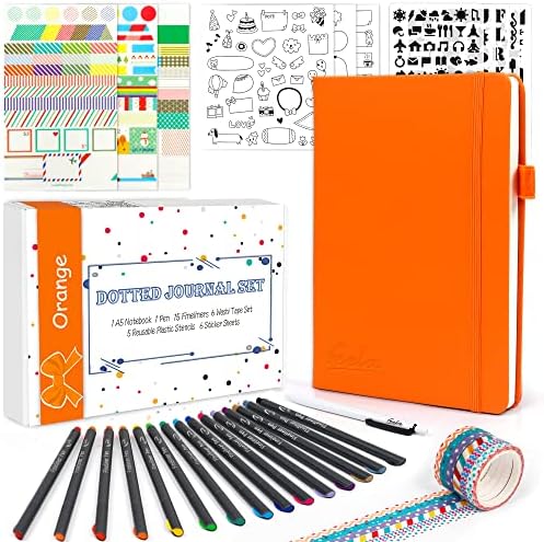 feela Dotted Journal Kit, Dot Grid Journal Hardcover Planner Notebook Set For Beginners Women Girls Note Taking with Journaling Supplies Stencils Stickers Pens Accessories, A5, 224 Pages, Orange by feela