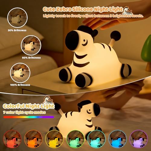 Zebra Silicone Night Light, Kawaii LED Cute Bedside Night Lights Dimmable Touch Control USB Rechargeable Squishy Lamp with Timer for Bedroom Animal Decor Adults Birthday Gifts Party Travel - Image 2