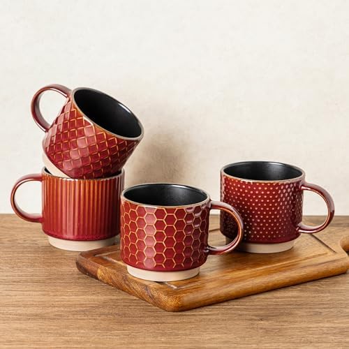 GBhome 12 OZ Stackable Coffee Mugs Set of 4, Ceramic Coffee Cups Set by GBhome