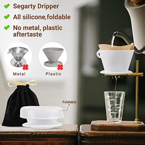 Segarty Camping Pour Over Coffee Maker, White Collapsible Silicone Coffee Dripper Single Cup with Storage Bag, Cone Filter Drip Holder, Slow Brewer for Travel, Backpacking - Image 3