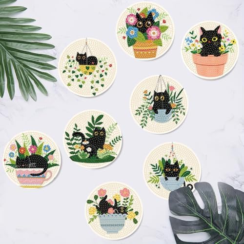 Clendo 8 Pcs Black Cat Diamond Art Coasters Kit - DIY 5D Small Diamond Painting Coasters with Holder, Flowers Diamond Art Kits for Adults Coasters, Arts and Crafts for Adults - Image 6