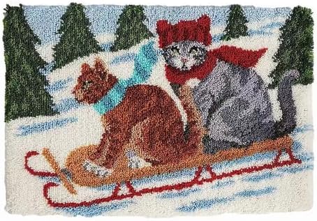 Howie's Latch Hook Kits for Adults, DIYCats-Ski Latch Hook Kit Rug Crochet Yarn, Color Preprinted Pattern Embroidery Decoration(Cats-Ski, 19.69 x 14.96 inch) by HowiesNeedlepoint