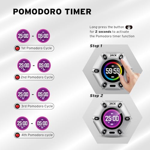 Printers Jack Pomodoro Timer - Productivity Cube, Visual Focus Timer, Mute & Vibration & Adjustable Sound Alert, for Office, ADHD, Study, Work, 3/5/10/25/30/60min & Custom Countdown - Silver - Image 4