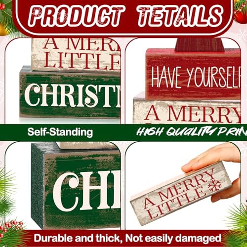 Moucuny 4 Pcs Christmas Table Decor, Wooden Red Merry Christmas Tree Signs - Image 6
