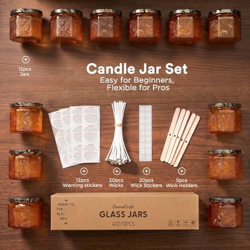 LumaCraft 12 Pack 4oz Glass Candle Jars with Lids, Hexagon Embossed Candle Making Containers, Empty Candle Jars with 20 Wicks & Labels for DIY Candle Making, Party Favors, Home Decor - Image 2