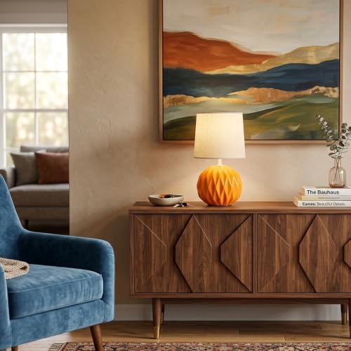 Orange Ceramic Table Lamp with Linen Shade, Small Bedside Lamp for Bedroom - Image 7