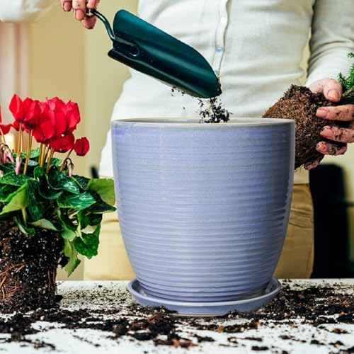 Ceramic Planter - Modern Round 12 Inch Pots for Plants with Drainage Hole and Plant Saucer for Flower Indoor, Garden Room Home Office House Decor, House Warming Gifts, Blue-Purple - Image 4