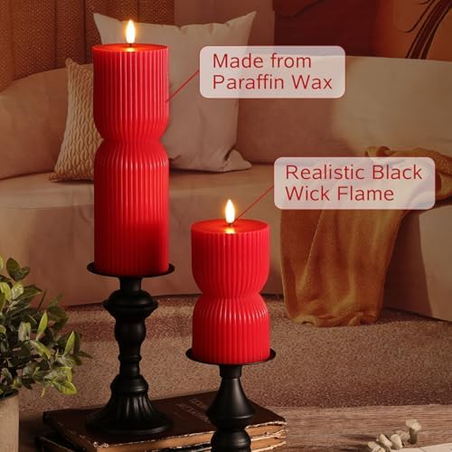 Red Ribbed Flameless Pillar Candles with Remote Set of 2 - Image 5