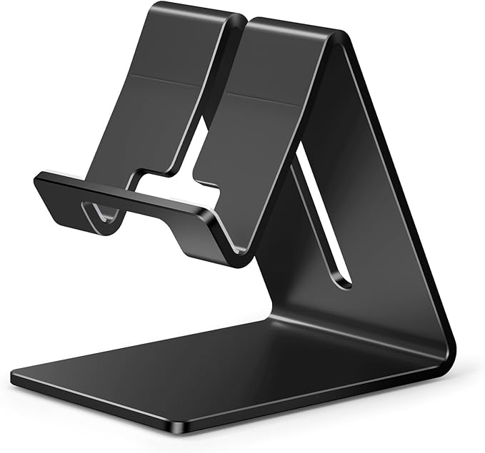 Phone Stand, Aluminum Phone Holder for iPhone 16 15 14 13 12 11 X 8 7 6 Plus 5, Tablet, Samsung, Huawei, Suitable for All Smartphones, Adding a Touch of Style to Your Office Decor, Black