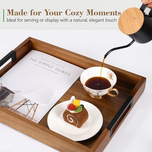 Large Ottoman Tray for Living Room and Coffee Table, Decorative Acacia Wood Serving Tray with Metal Handles for Breakfast in Bed, Dinner Food Kitchen TV (Natural, 20" x 14" x 2") - Image 6