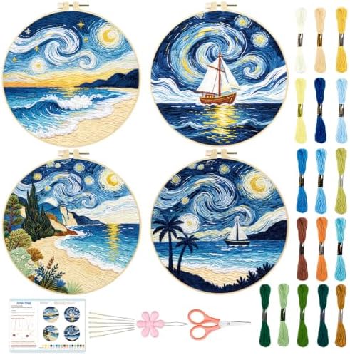 BEUNITONE 4pcs Embroidery Kit, Starry Sky & Beach Stamped Embroidery Kits with Hoop, Thread & Needles, Cross Stitch Kits Sewing Gifts for Adults and Beginners, DIY Craft for Relaxation by BEUNITONE