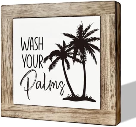 Wooden Box Sign for Bathroom Decor - Farmhouse Tabletop Washroom Decor, Tropical and Coastal Style - B6-68 Wash Your Palms Sign by MLTEye