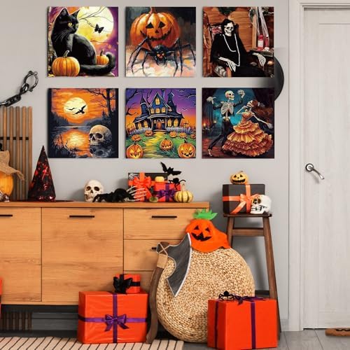 Teling 12 Pcs Halloween Pre Drawn Stretched Canvas Kit for Adults Painting Pre Printed Canvas Outline for DIY Painting Party Favor, 6 x 6 x 0.6 Inches - Image 5