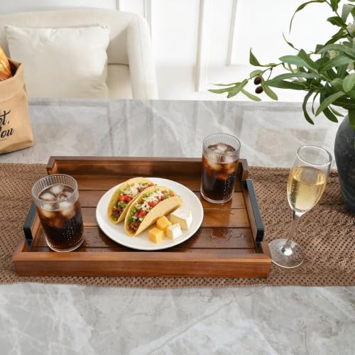 17" x 11" x 2" Acacia Wood Serving Tray with Black Iron Handle - Image 5