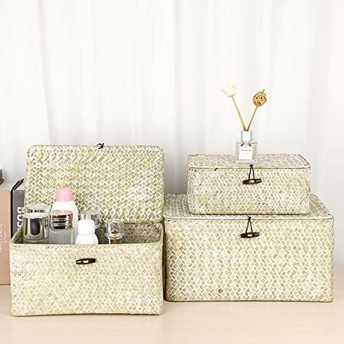 Hipiwe Small Woven Wicker Shelf Basket Bin with Lid Natural Seagrass Basket - Image 6