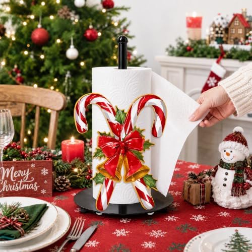 Christmas Candy Cane Paper Towel Holder, Farmhouse Xmas Kitchen Countertop Decor, Golden Bell Red Bow Holly Paper Towel Roll Stand, Christmas Housewarming Birthday Gift for Women Mom - Image 5
