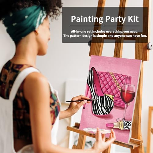 Pre Drawn Canvas Painting Kit for Adults for Painting Party Kit Paint and Sip Party Supplies 8 Colors,3 Brush,1 Pallet Art Set Girl High Heel Glass Bag Lipstick 12x16 Inches - Image 3