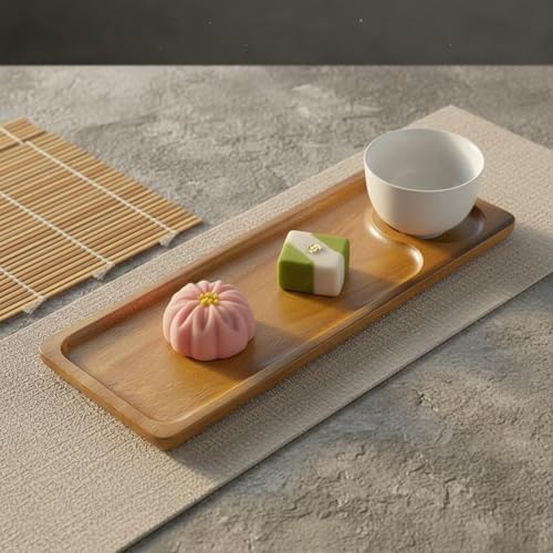 Generic Acacia Wood Serving Tray Hand Polished Japanese Appetizer Plate Multipurpose Serving Tray Platter with Beverage Holder Holder for Home, Cafe, Restaurant, Large Rectangular, Double Compartment - Image 5