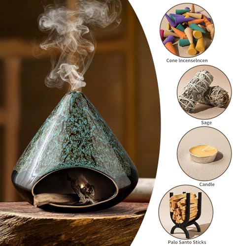 Handcrafted Ceramic Palo Santo Holder –Artistic Incense Burner for Meditation, Mindfulness & Zen Home Decor – Wabi-Sabi Style Cone Sculpture, Relaxation & Aromatherapy-Gift for Yoga (Viridis) - Image 6
