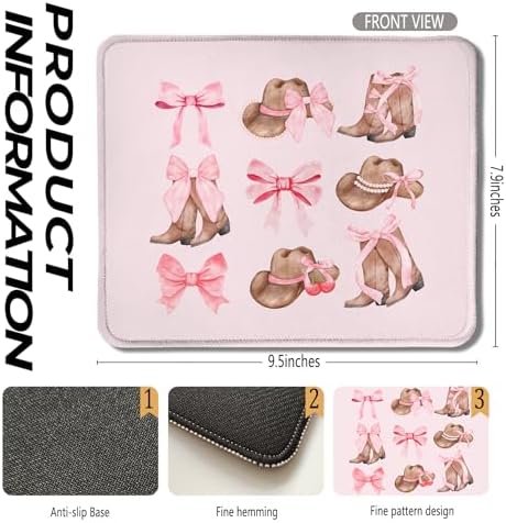 Coquette Pink Bow Western Cowgirl Mouse Pad, Preppy Girly Pink Cowgirl Boots Hats Mouse Pads for Wireless Mouse Computers Laptop Desk Accessories, Western Office Supplies, 9.5x7.9 Inch - Image 2