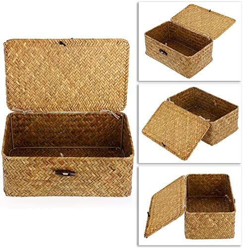 Hipiwe Small Woven Shelf Baskets Bin with Lid Seagrass Wicker Storage Box - Image 3