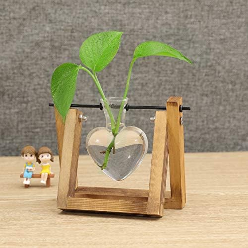 Kingbuy Terrarium with Wooden Stand, Desktop Propagation Station, Air Plant Holder, Metal Swivel Holder for Hydroponics, Home Garden, Wedding Decor - 1 Hearted Vase - Image 2
